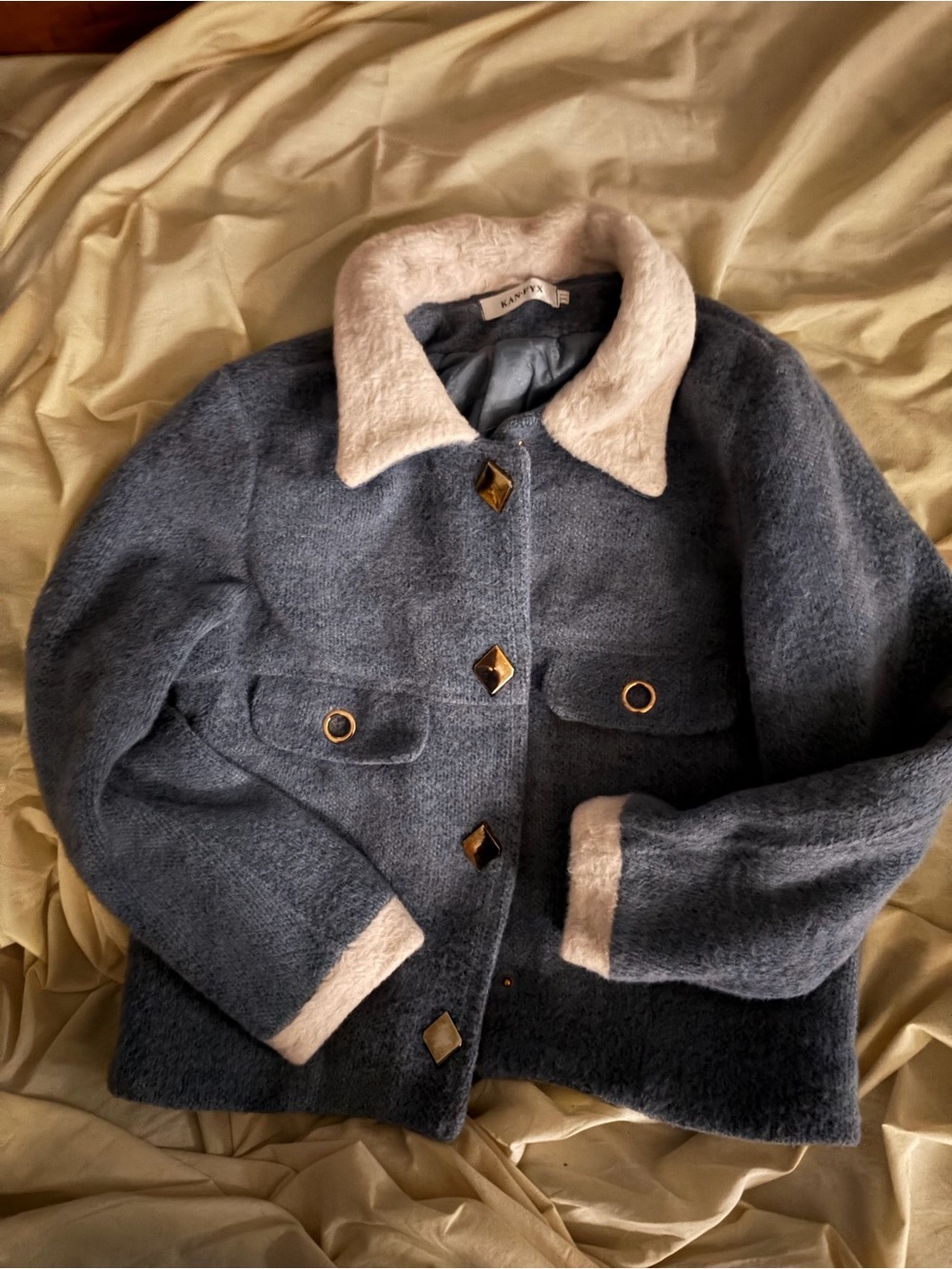 Wool-Blend Blue Jacket with Cream Faux-Fur Trim